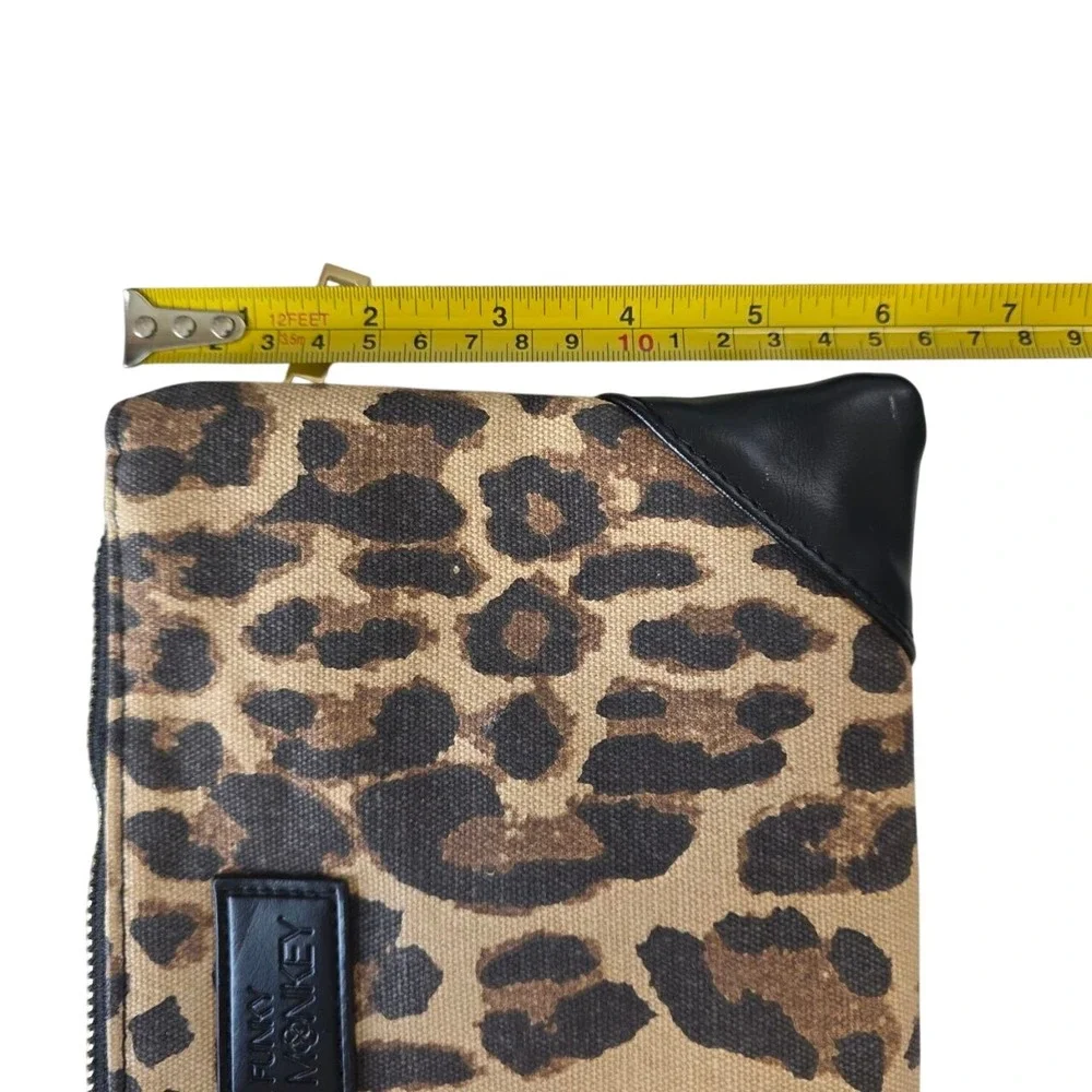 Funky Monkey Leopard Print Canvas Black Faux Leather Wristlet‎ Clutch Tassel Bag
